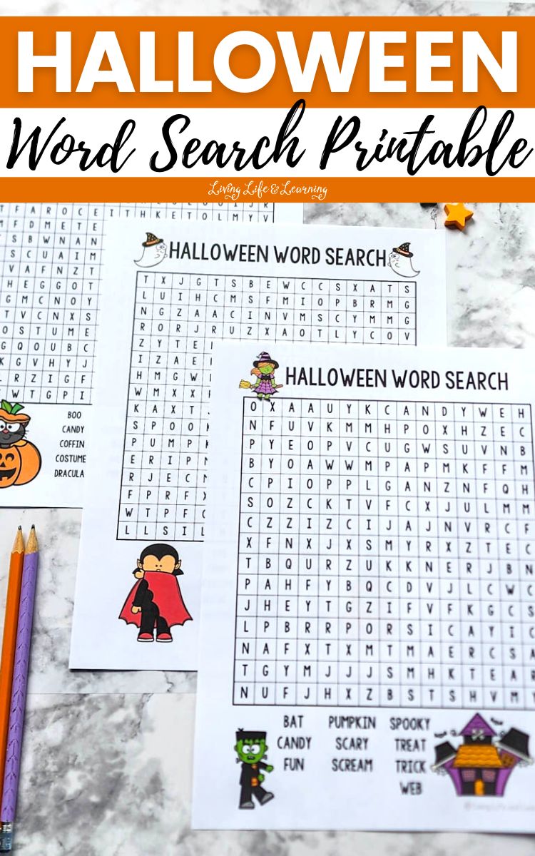 Three Halloween Word Search Printables on a table