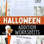 Two images of Halloween Addition Worksheets on a table