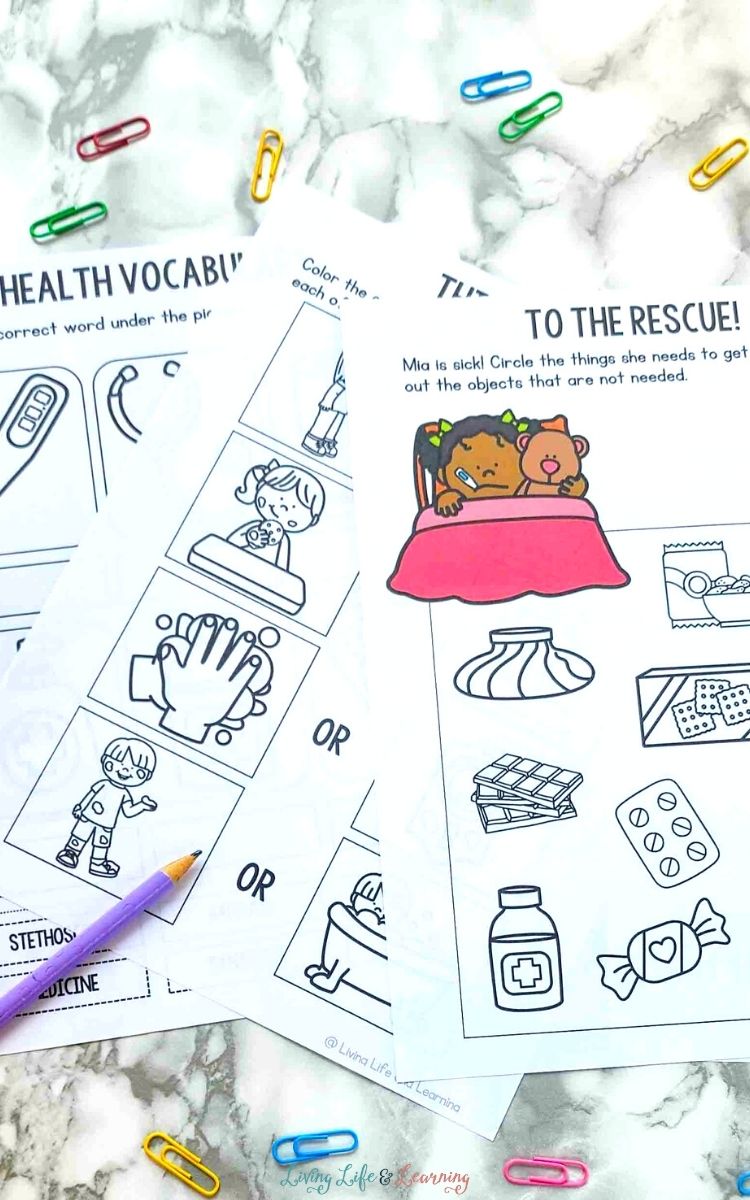 Three Cleanliness Worksheets for Kindergarten on a table