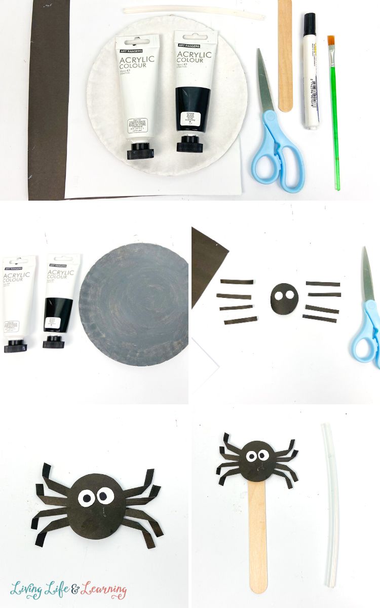Images on the process of making the Halloween Spider Paper Plate Craft
