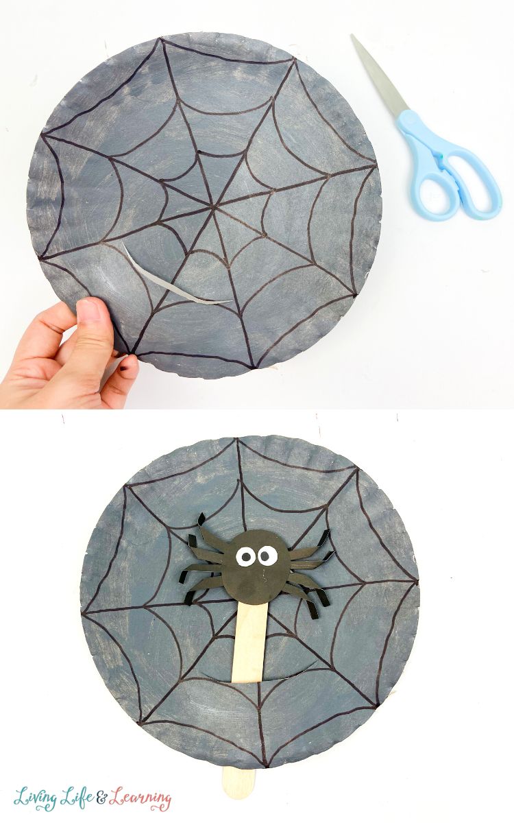 Two images of cutting a slit onto the Halloween Spider Paper Plate Craft