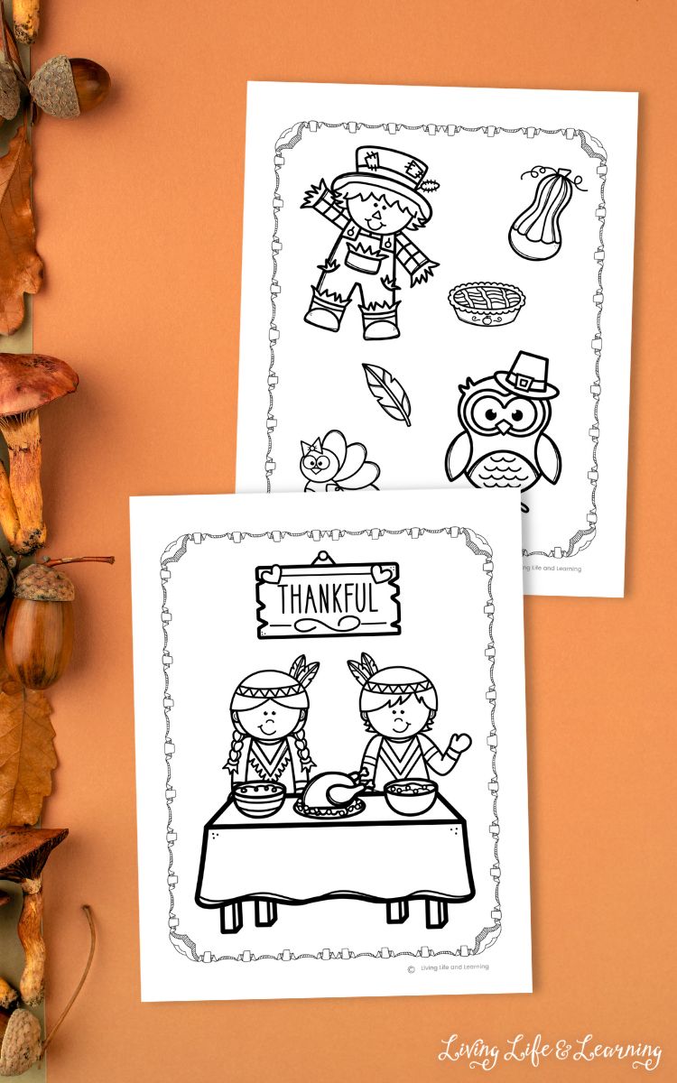 Two Thanksgiving Coloring Pages on a table