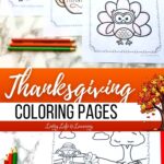 Two images of Thanksgiving Coloring Pages on a table