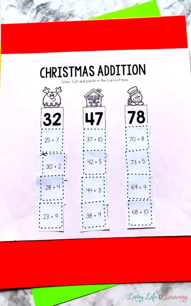A Christmas Addition Worksheet on a table