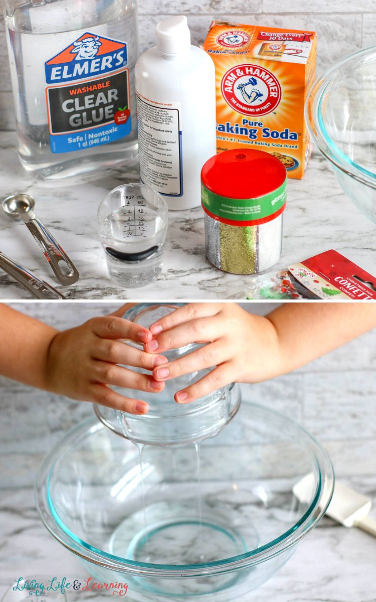 The top image shows the Christmas Slime Recipe supplies and the bottom image is someone pouring glue onto a bowl.