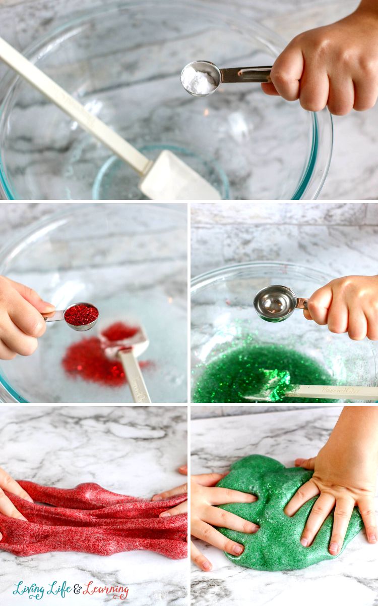 5 pictures on the process of how to create the Christmas Slime Recipe