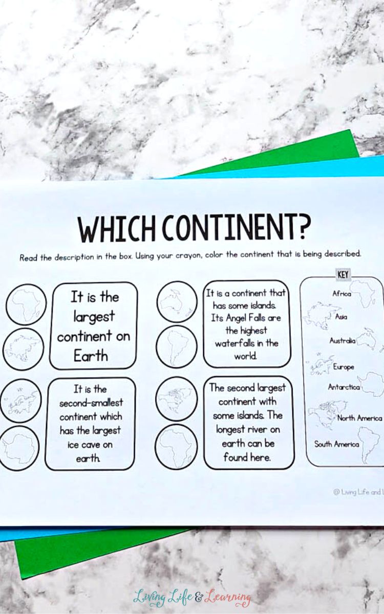 A Continents and Oceans Worksheet on a table