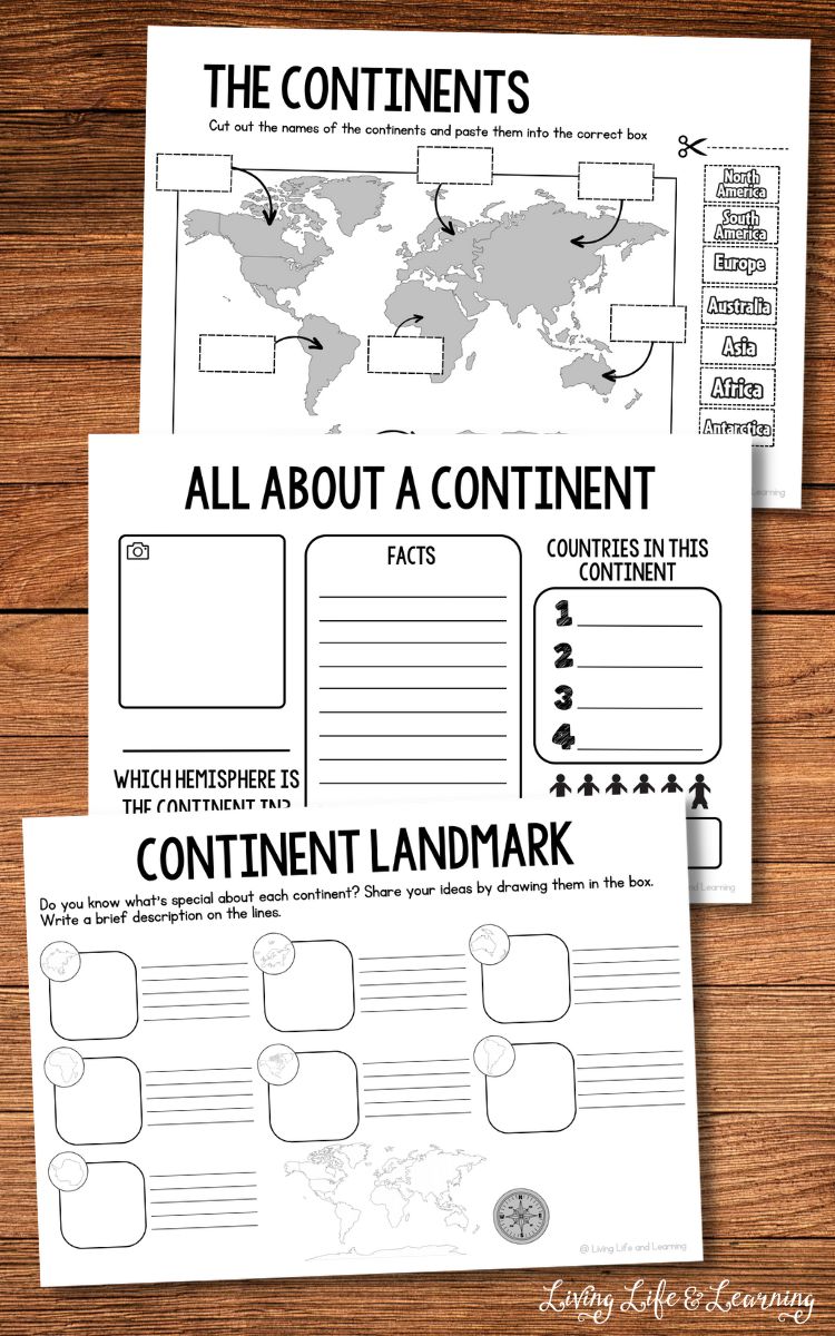 Three Continents and Oceans Worksheets on a table