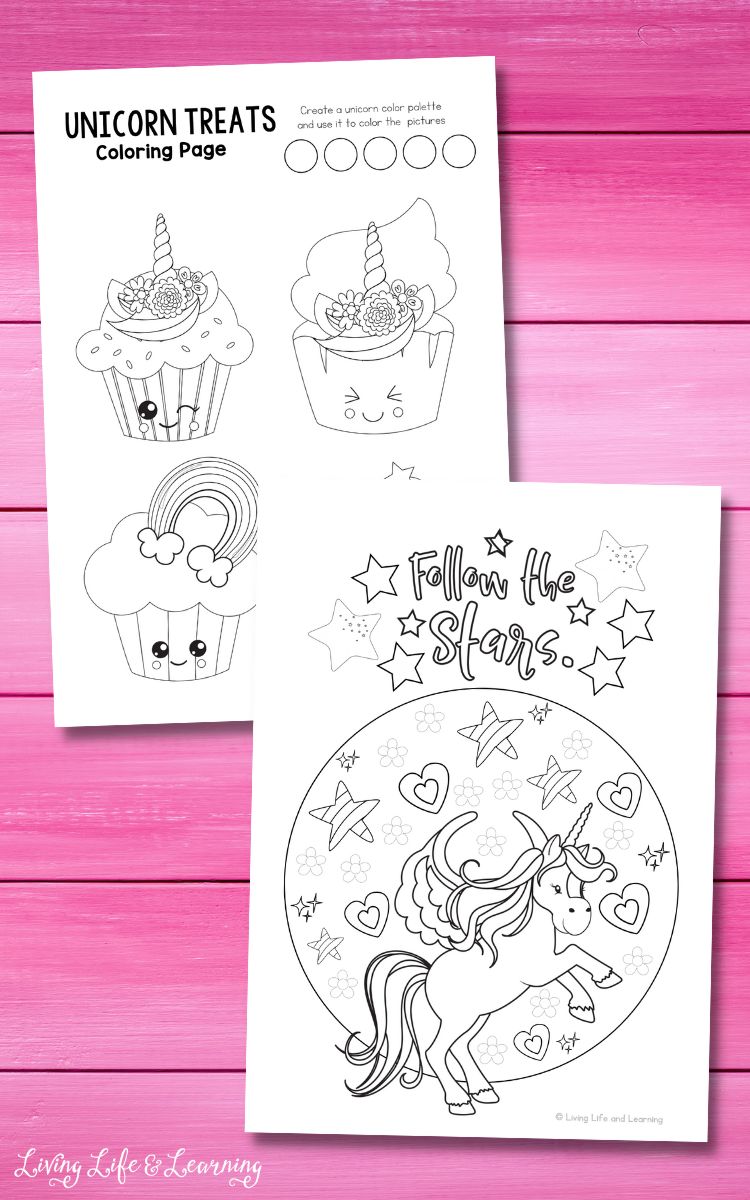 Two Unicorn Coloring Pages on a pink table