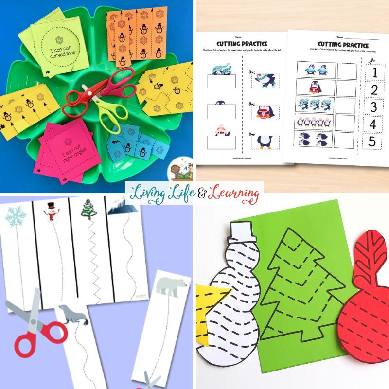 A collage of Winter Cutting Activities for Preschoolers