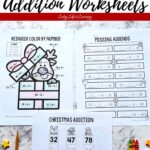 Three Christmas Addition Worksheets on a table