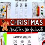 Two Images of Christmas Addition Worksheets on a table