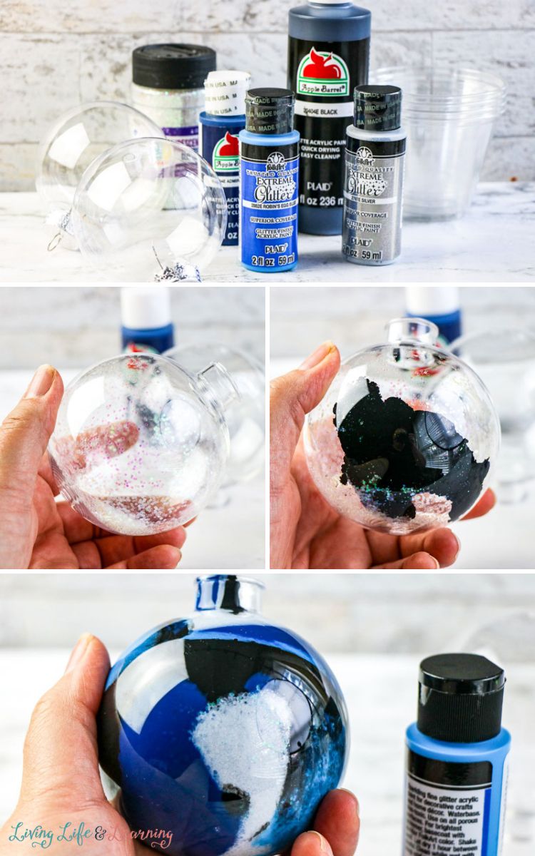 4 images on the process of how to make DIY Galaxy Ornaments Your Kids Will Love