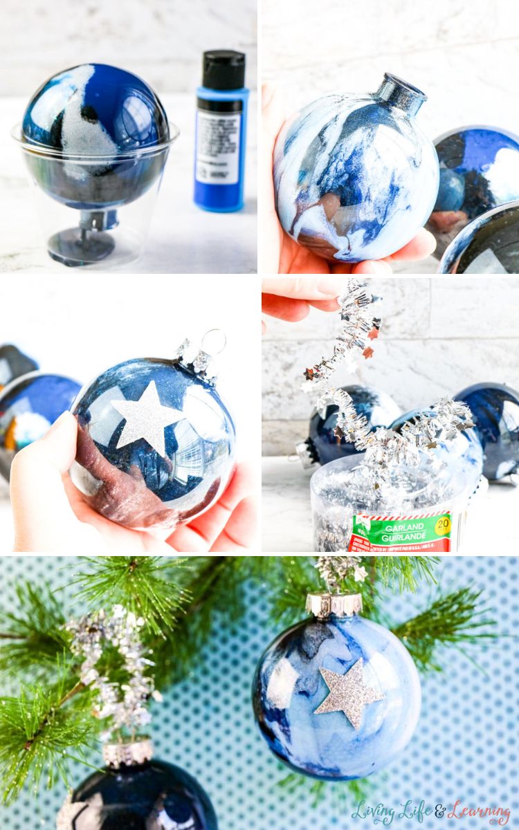 5 images on the process of how to make DIY Galaxy Ornaments Your Kids Will Love