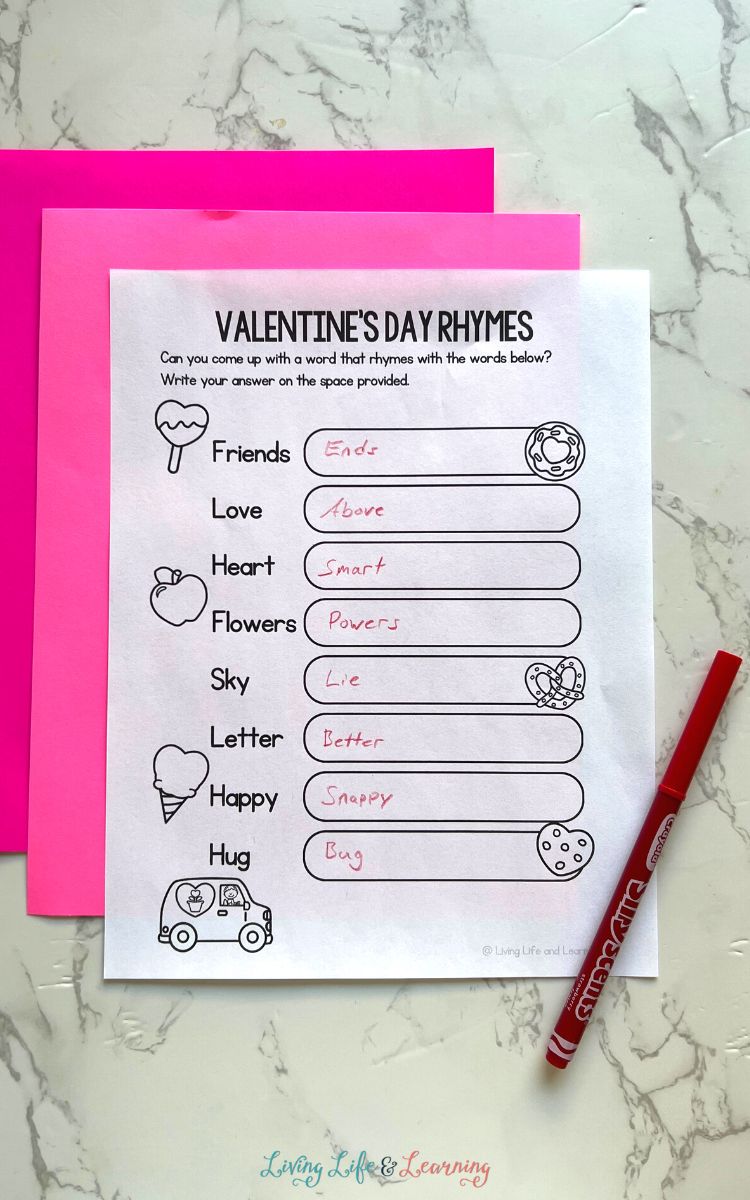 A Valentine’s Day Worksheet on a table