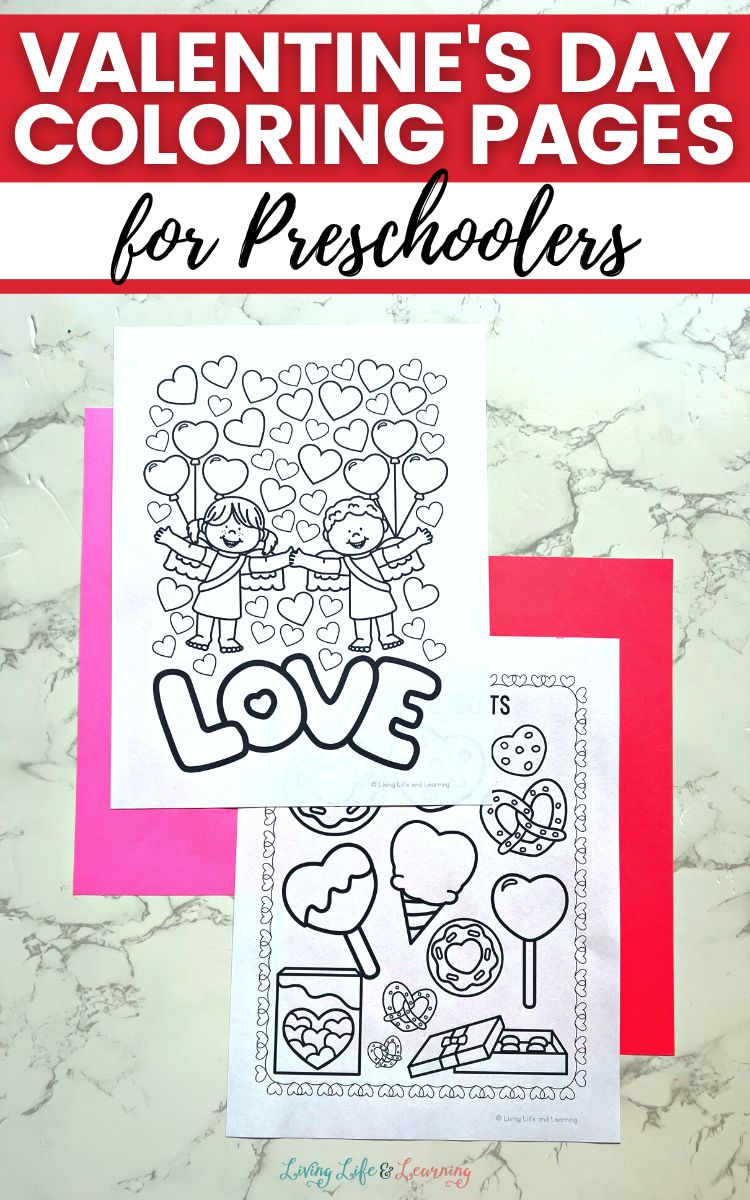 Two Valentine's Day Coloring Pages for Preschoolers on a table