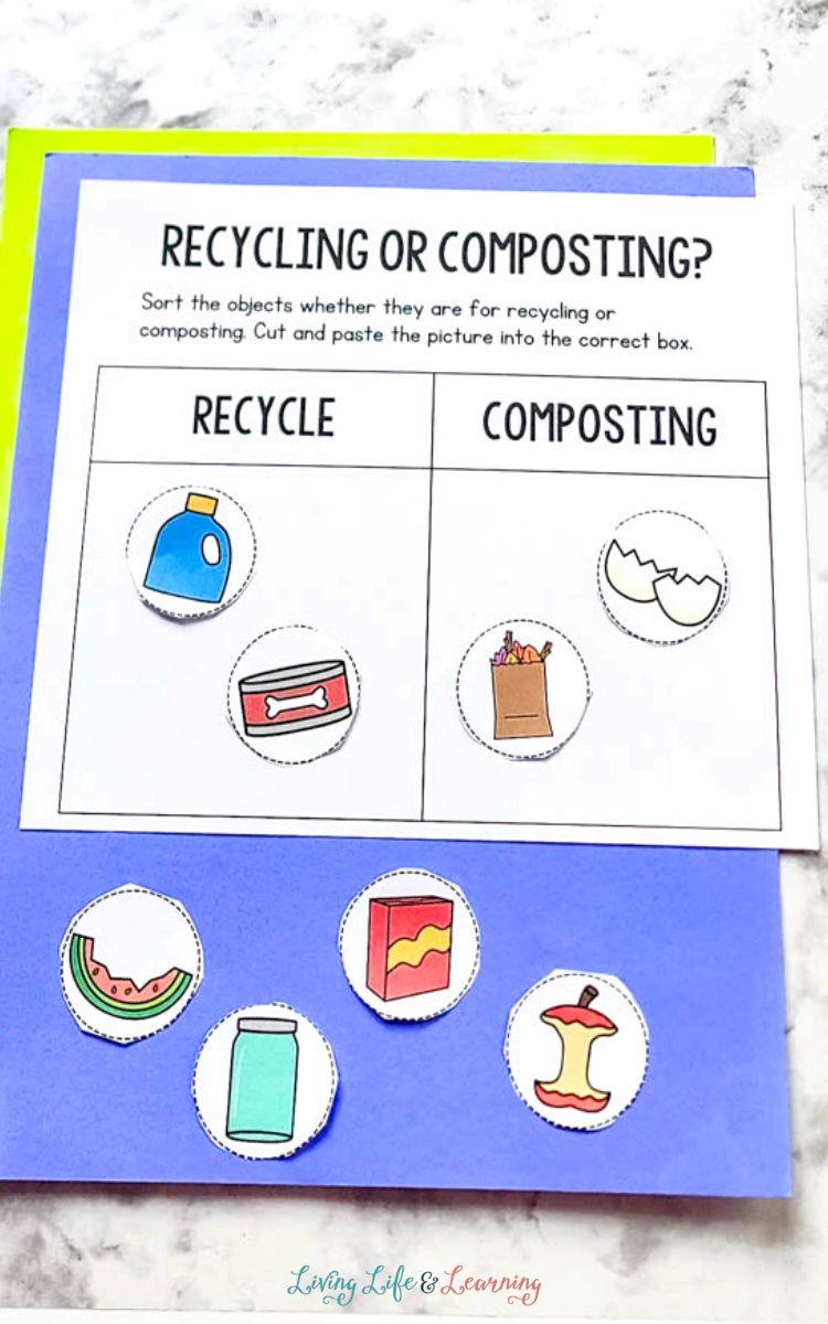 A Recycling Worksheet for Kids on a table