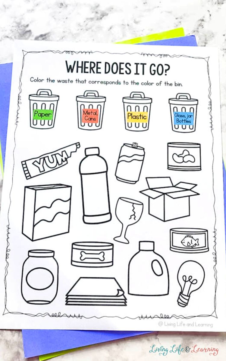 A Recycling Worksheet for Kids on a table