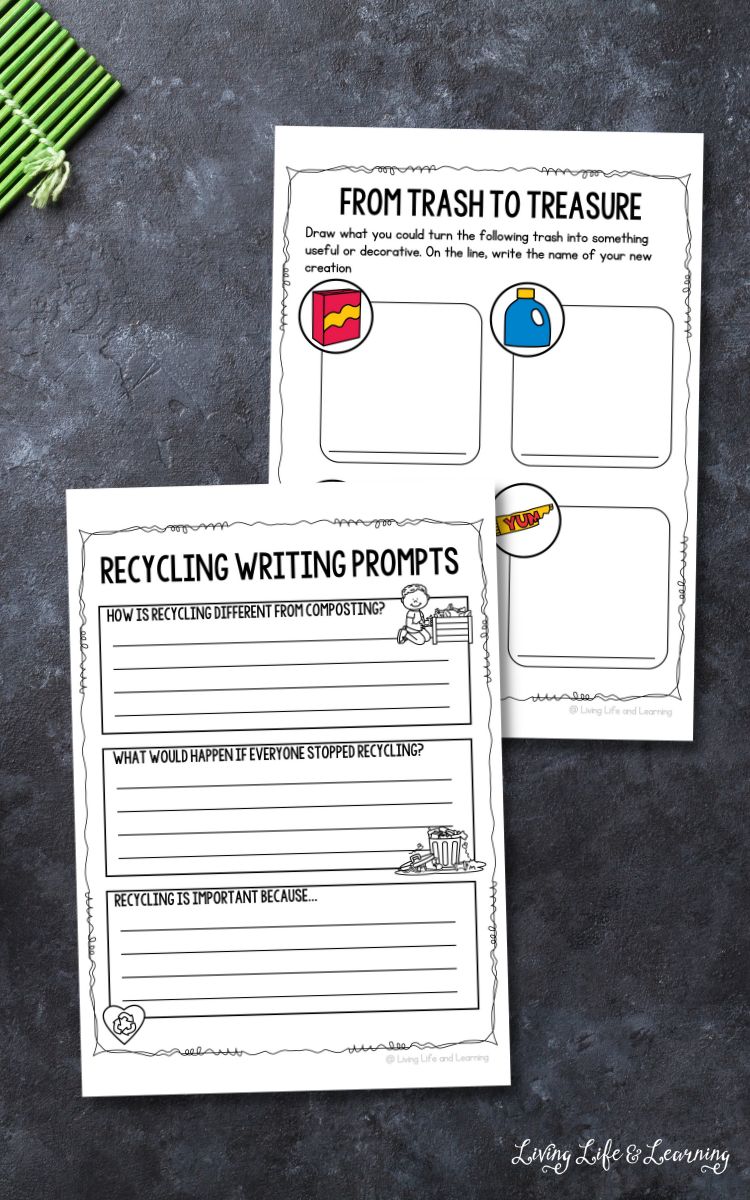 Two Recycling Worksheets for Kids on a table