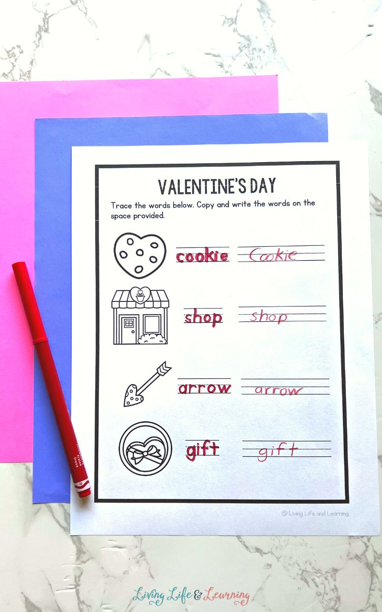 A Valentine Handwriting Worksheet on a table