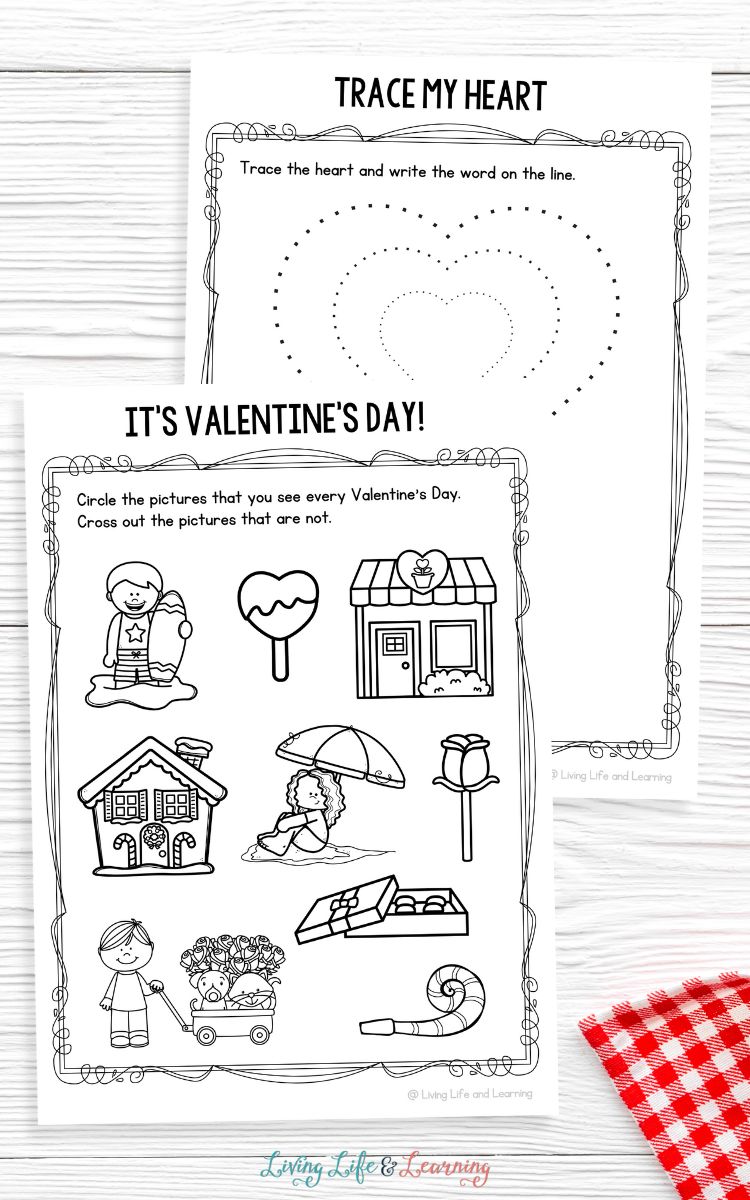 Two Valentine Worksheets for Preschool on a table