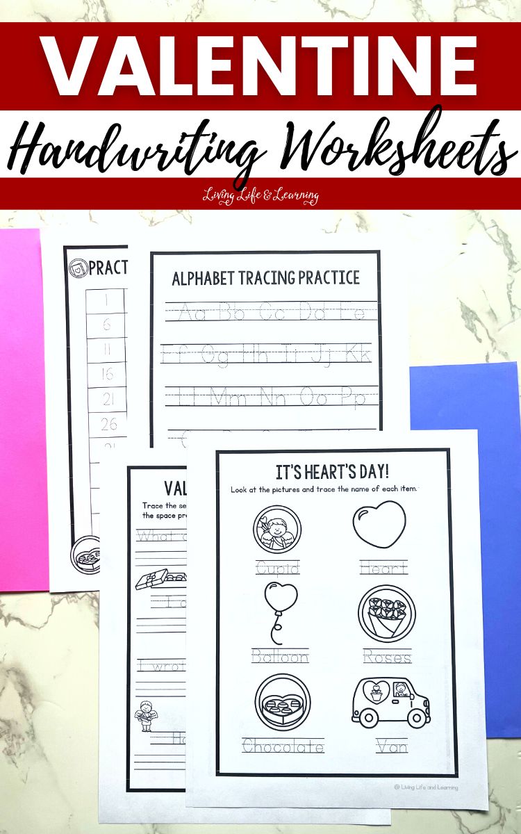 Four Valentine Handwriting Worksheets on a table