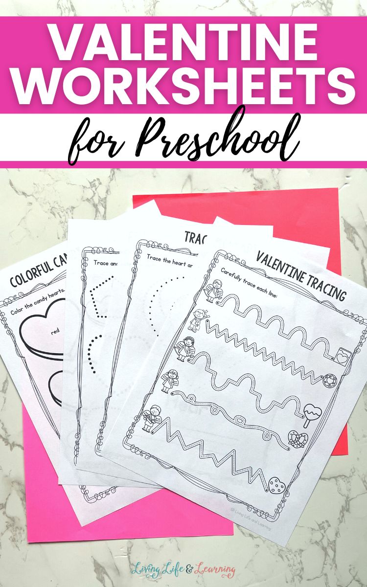 Four Valentine Worksheets for Preschool on a table