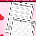Two Valentine Handwriting Worksheets on a table