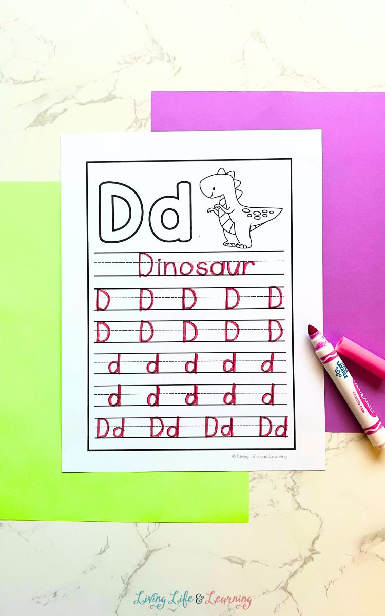 A D is for Dinosaur Worksheet on a table