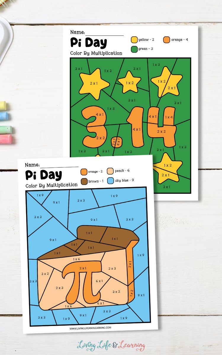 Two Pi Day Color by Multiplication Worksheets on a table