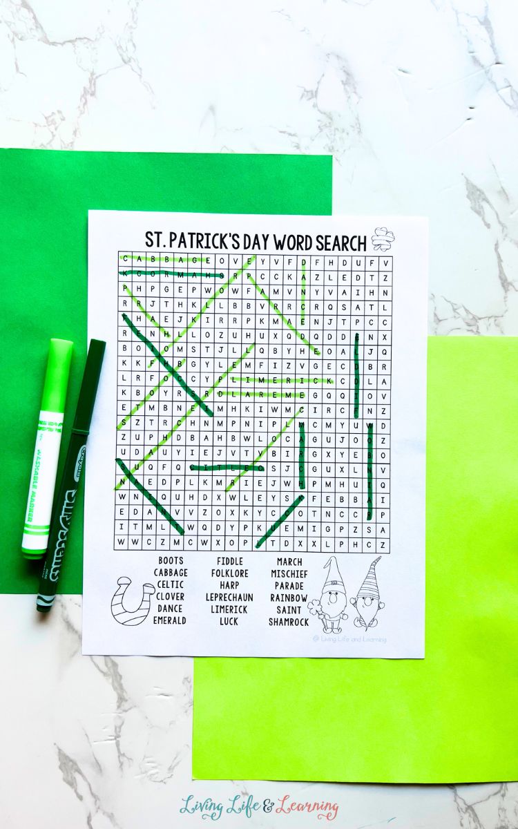 A St. Patrick’s Day Word Search activity on a table