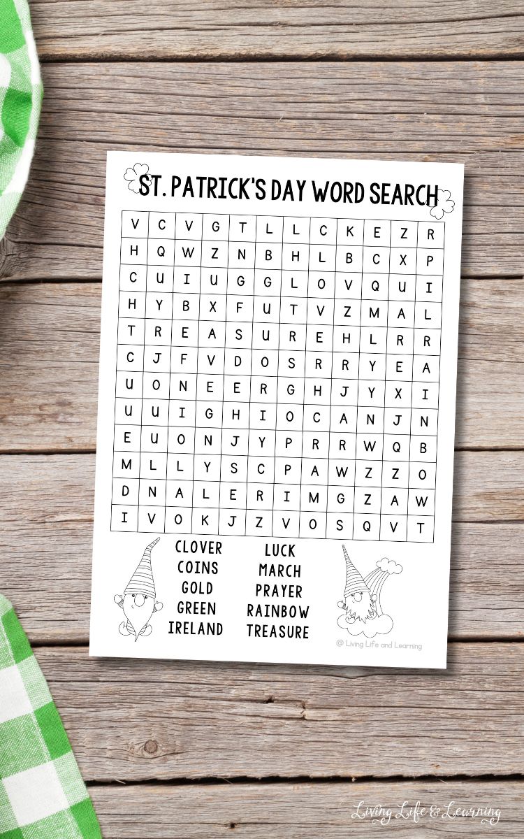 A St. Patrick’s Day Word Search activity on a table