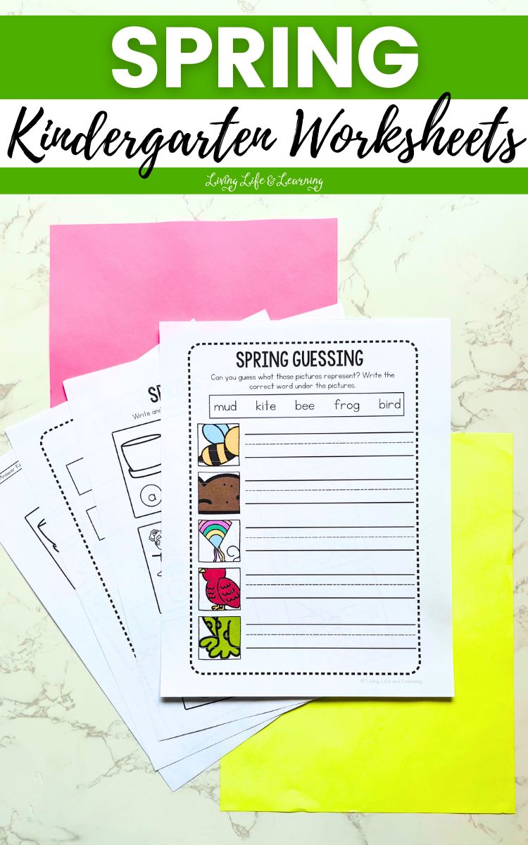 Four Spring Kindergarten Worksheets on a table