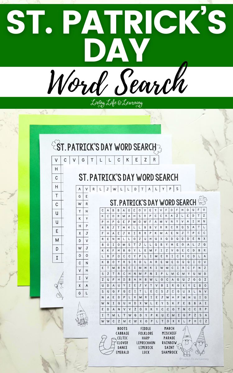 Three St. Patrick’s Day Word Search printables on a table