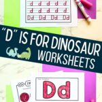 Two images of D is for Dinosaur Worksheets on a table