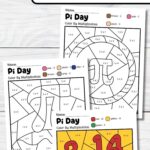 Three Pi Day Color by Multiplication Worksheets on a table