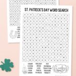 Two St. Patrick’s Day Word Search printables on a table