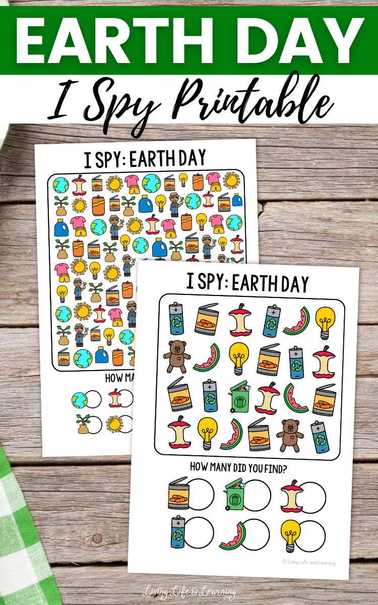 Two Earth Day I Spy Printables on a table.