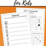 Two activities from the Monster Worksheets for Kids placed on a table.