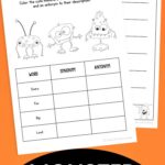 Two Monster Worksheets for Kids placed on an orange table