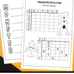 Two Monster Worksheets for Kids on an orange table.