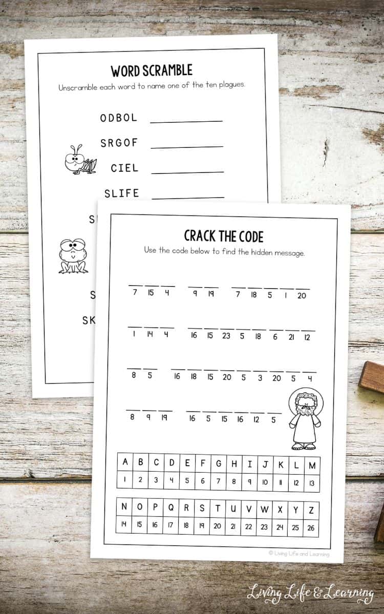 Ten Plagues Activity Sheets featuring the word scramble and crack the code activity