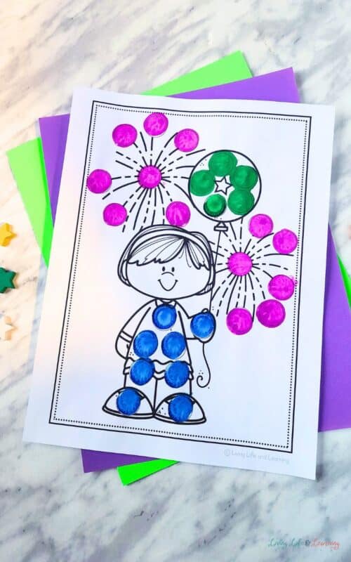 boy with balloon page of New Year Do a Dot Printables