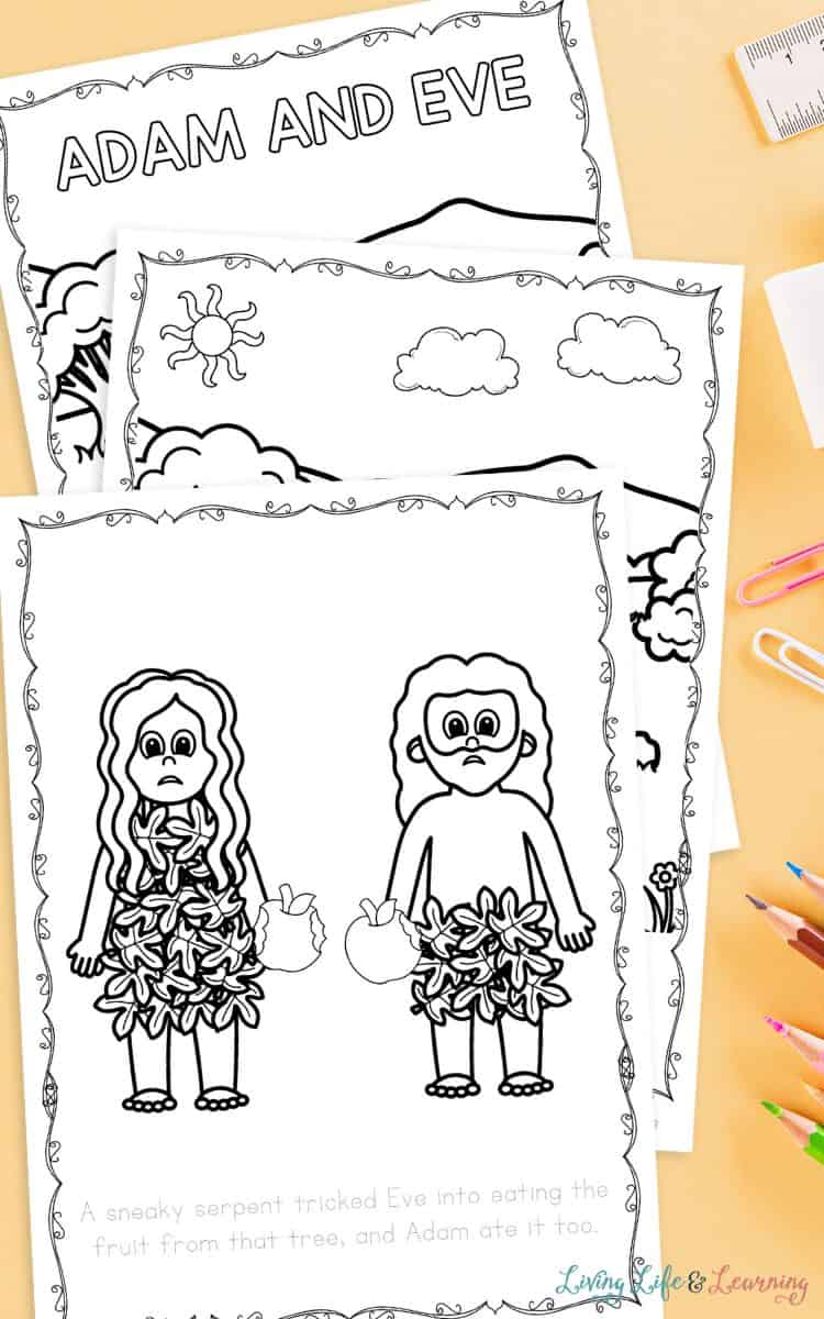 Adam and Eve Coloring Pages for Kids on a table