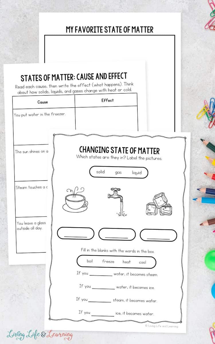 three pages of Different States of Matter Worksheets on a table
