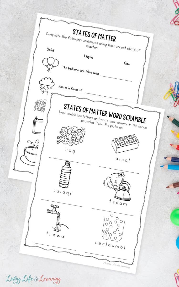 two pages of Different States of Matter Worksheets on a table