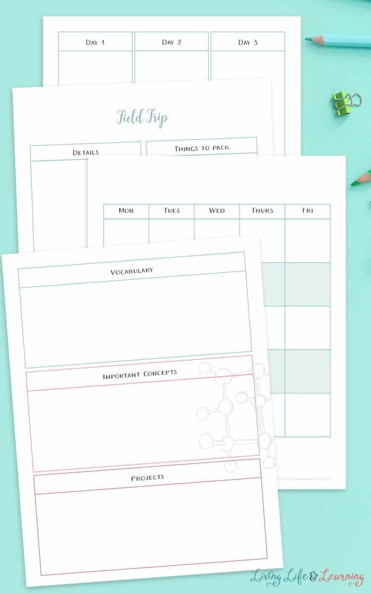four Science Lesson Planner pages on a table