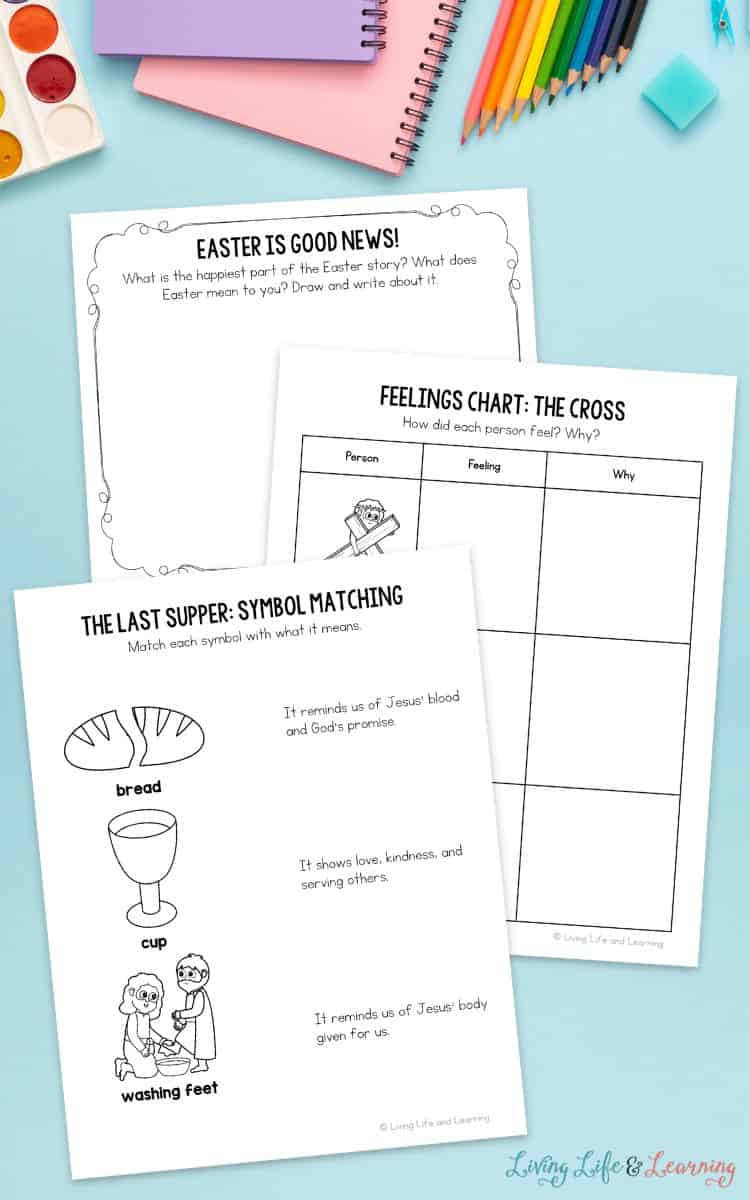 three Easter Story Worksheets for Kids on a table