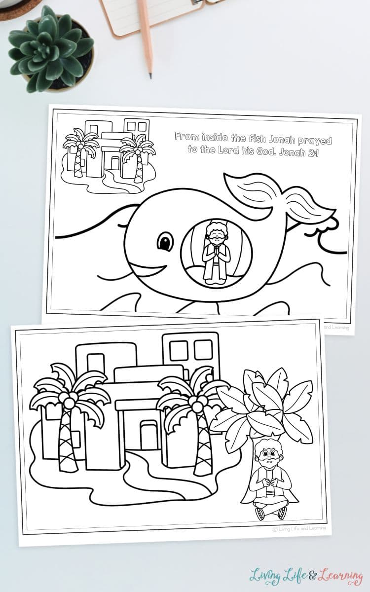 Jonah and the Whale Coloring Pages for Kids placed on a table