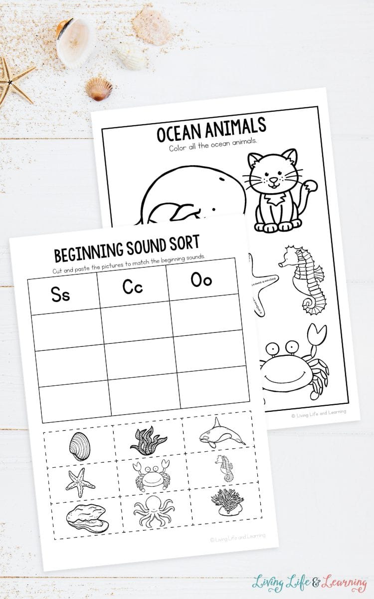 The sound sort and coloring activity included in the Ocean Worksheets for Preschool on a table